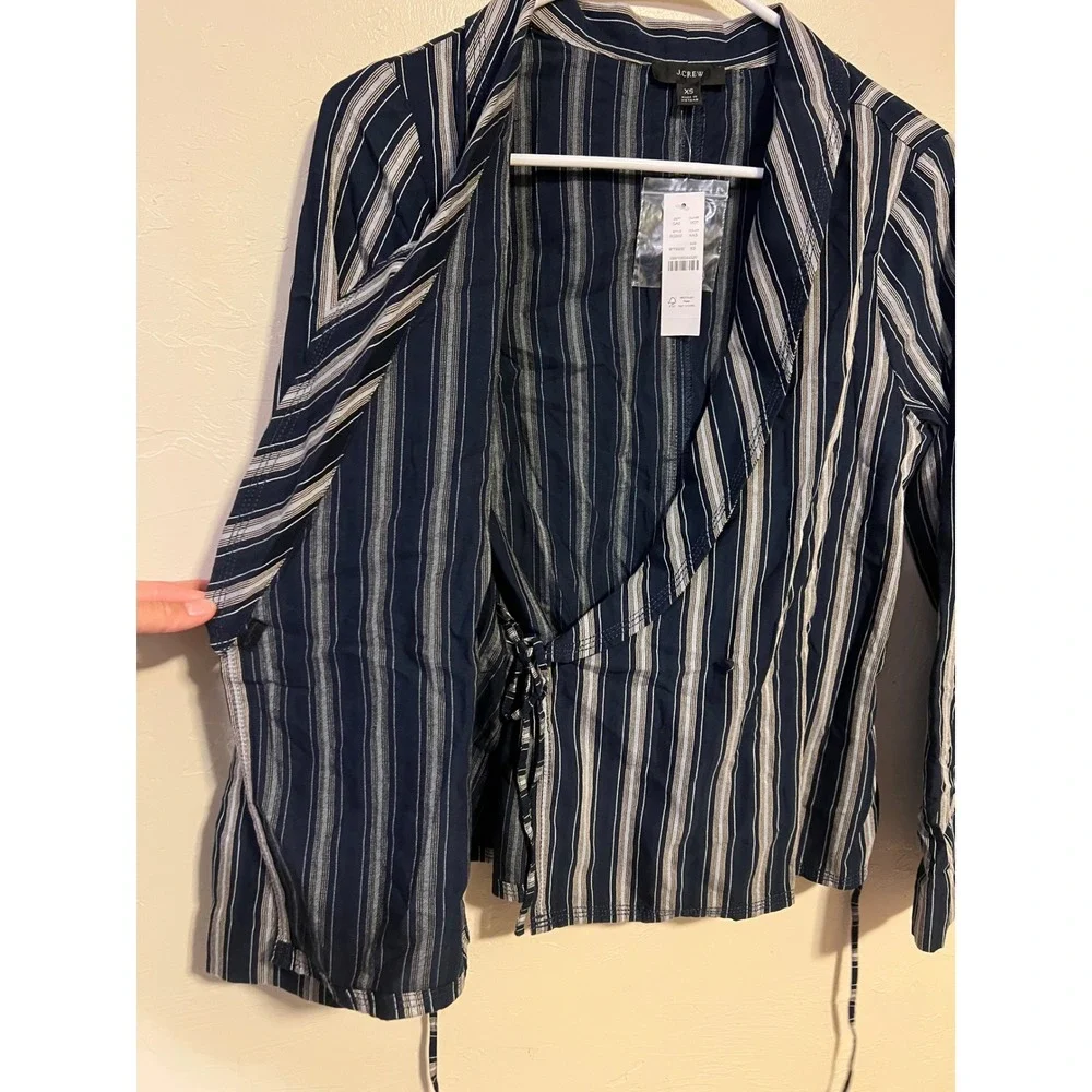 J.Crew Women Navy Blue White Striped Wrap Top Shawl Collar Long Sleeve XS‎ BG322